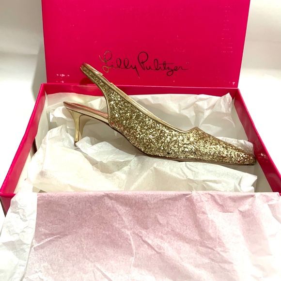 Lilly Pulitzer Shaina Slingback Gold Glitter Pump Pointed Toe Kitten Heel Shoe 8 - Picture 10 of 16